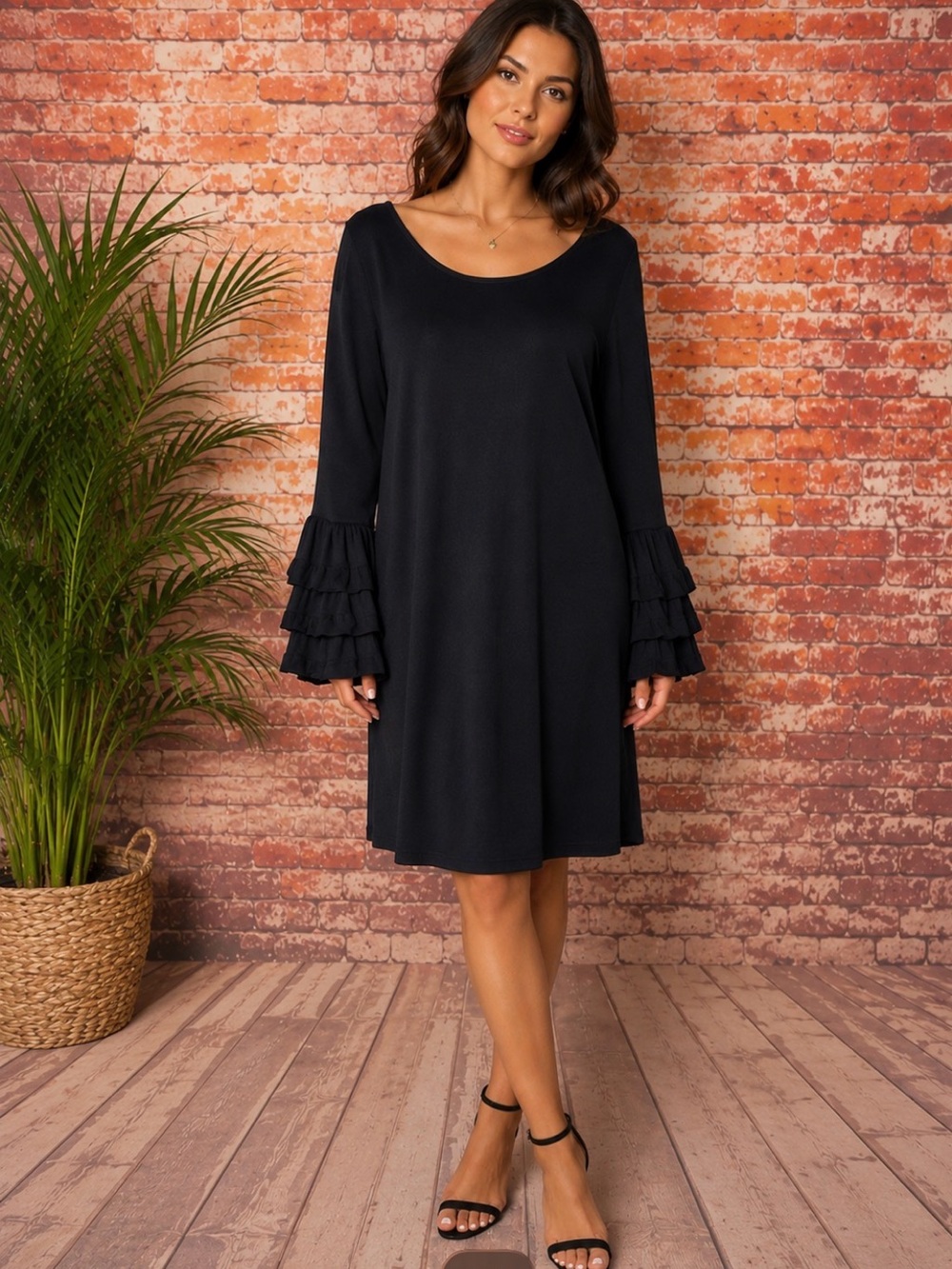 Francesca’s Ruffle Sleeve Navy Blue Scoop Neck Sweater Dress